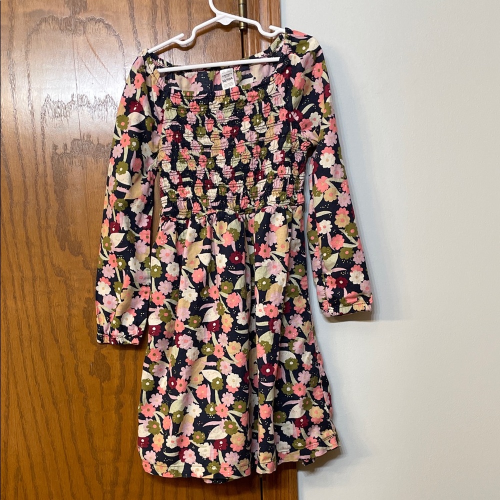 CARTERS UEC Girls Size 10 Floral Long Sleeve Dress Pink and Green smocked top